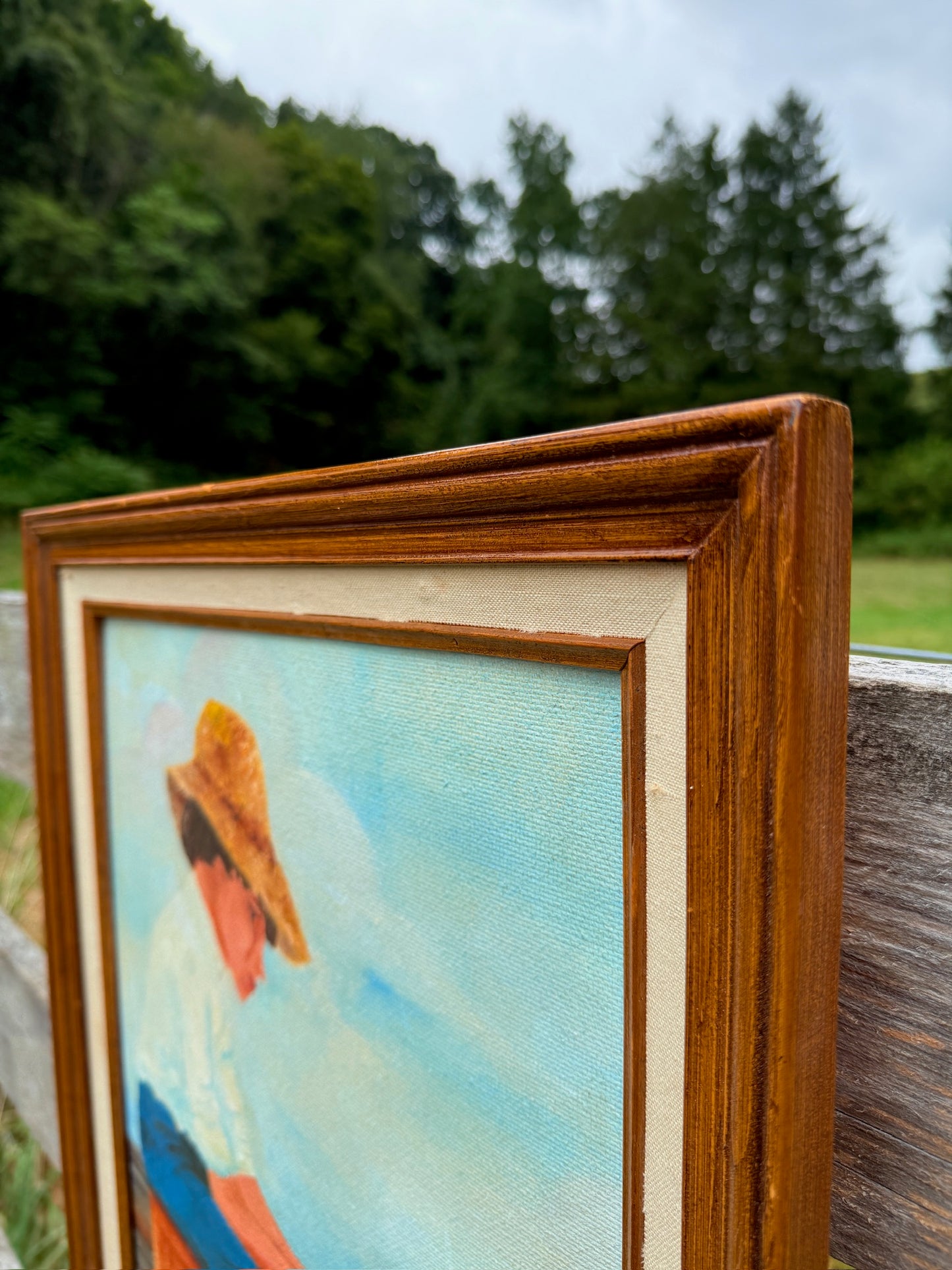 Vintage 1960s Framed & Signed "Boy Fishing" Oil on Board Painting