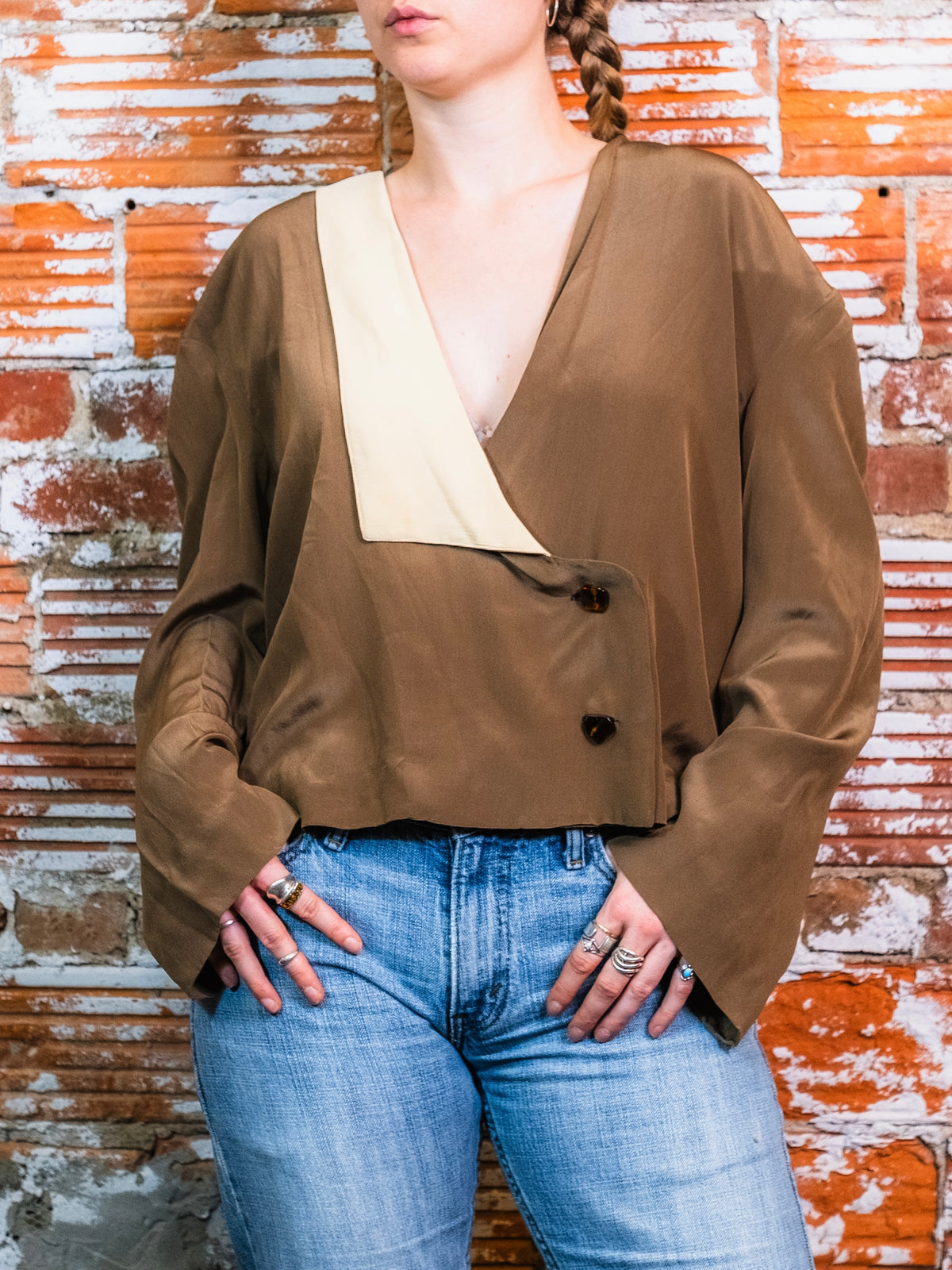 Vintage Handmade Brown & Cream Contrast Lapel Silk Blouse | Large