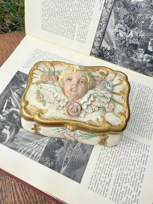 Vintage 1950s Ceramic Cherub Angel Footed Trinket Box
