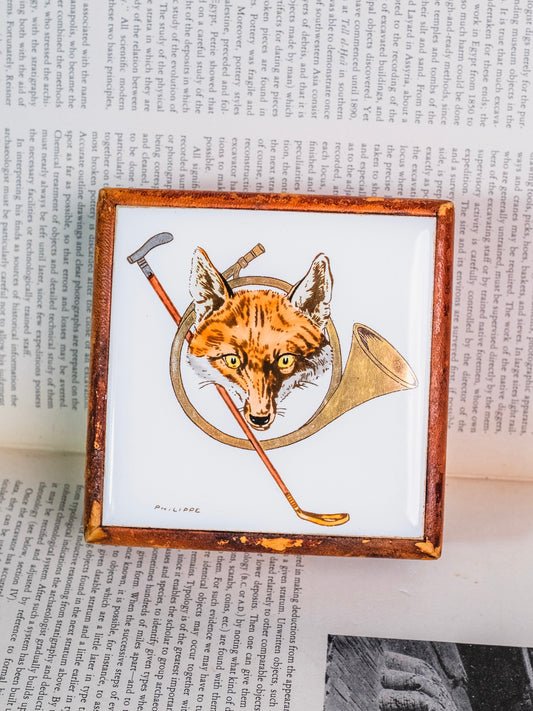 Antique 1900s Leather Philippe Signed "Fox & Trumpet" Tile Trinket Box