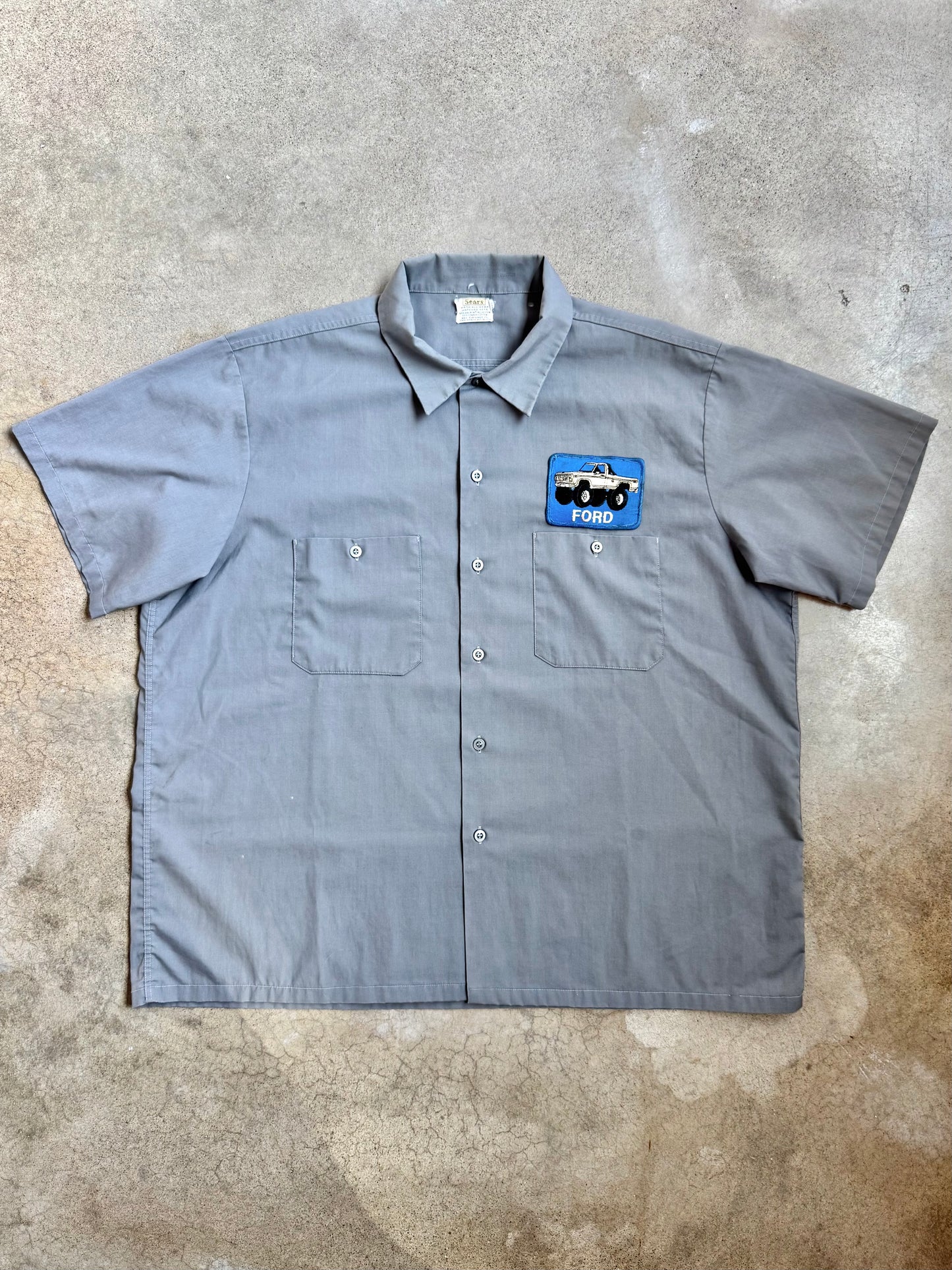 Vintage 1970s Sears Grey Ford Patch Mechanic Shirt | XL