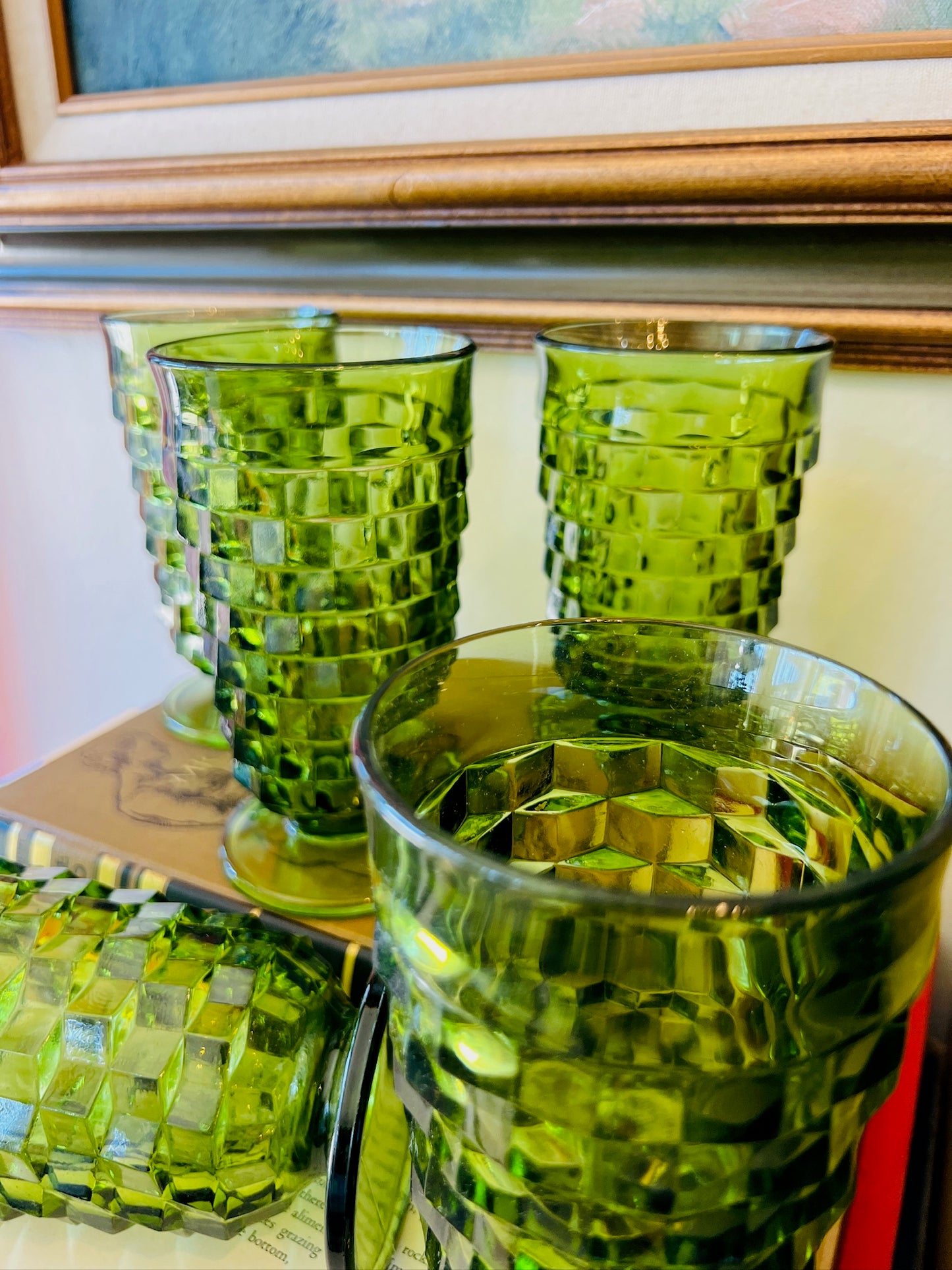 Vintage 1960s Fostoria Green Cubist Footed Glasses | Set of 6