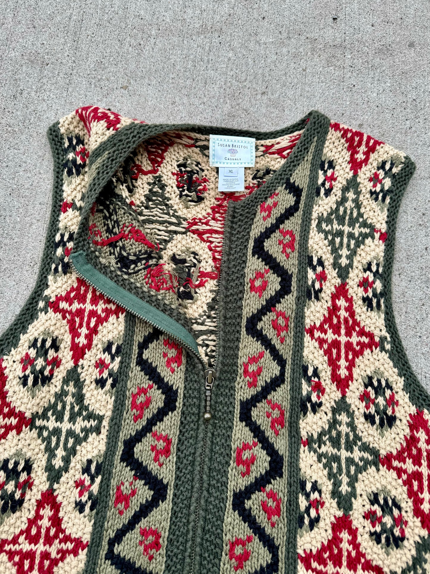 Vintage 1990s Susan Bristol Zip-Up Knit Vest | XL