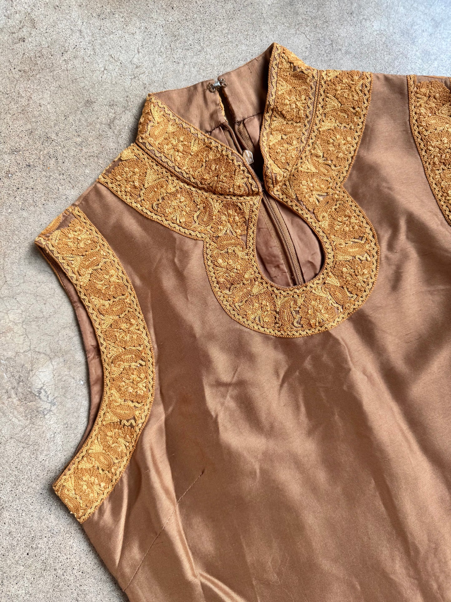 Vintage Brown Silk Sleeveless Tunic w/ Gold Embroidered Trim | Medium