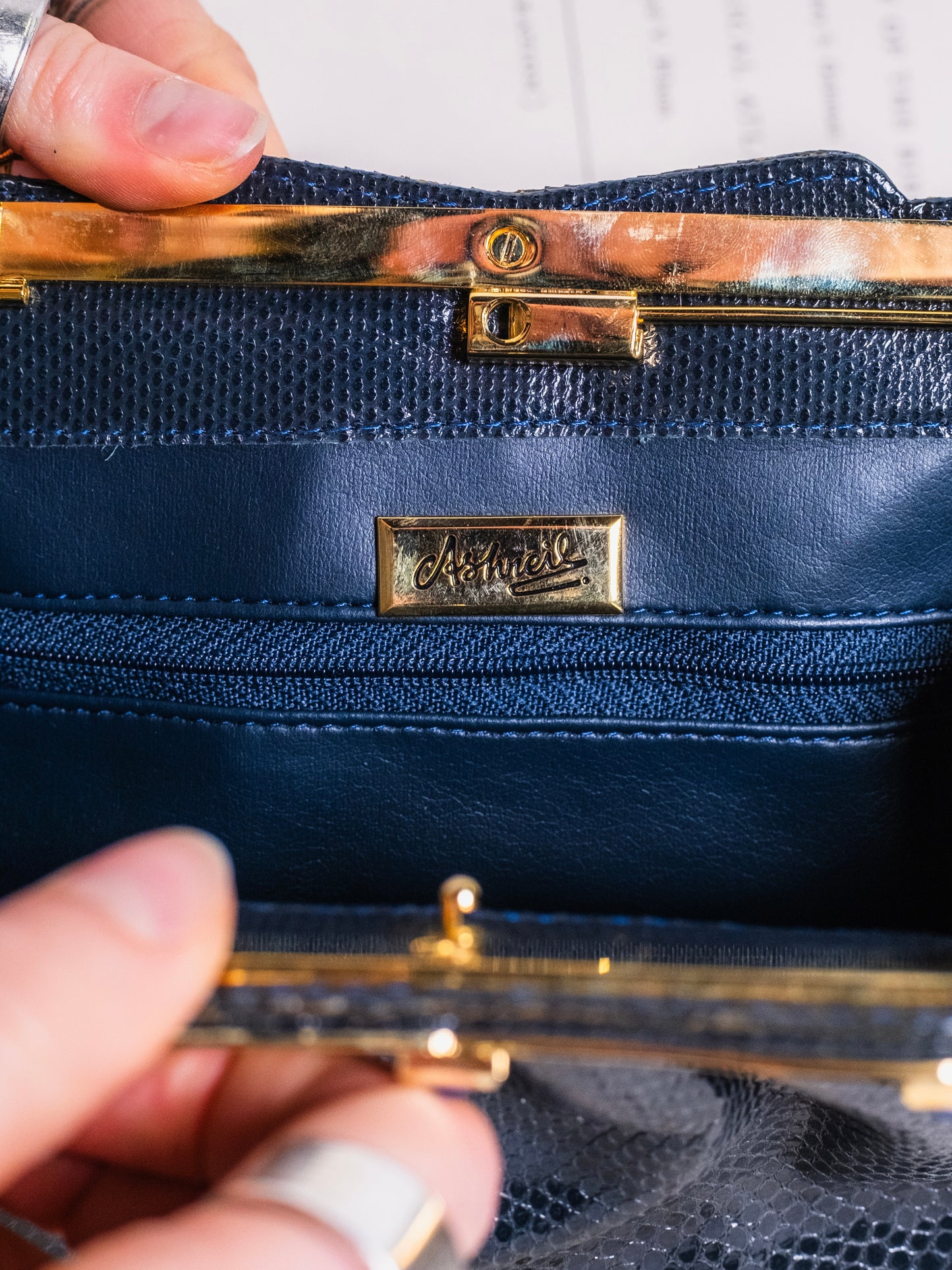 Vintage 1980s Ashneil Navy & Gold Accent Clutch Evening Bag