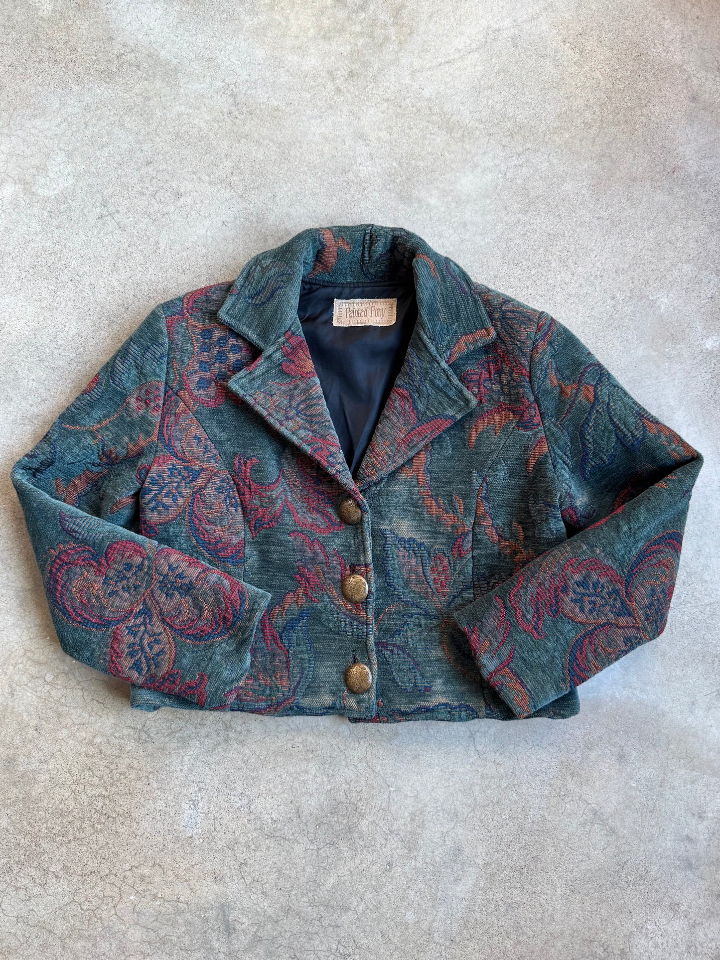 Vintage 1990s Painted Pony Cropped Floral Tapestry Jacket | Small