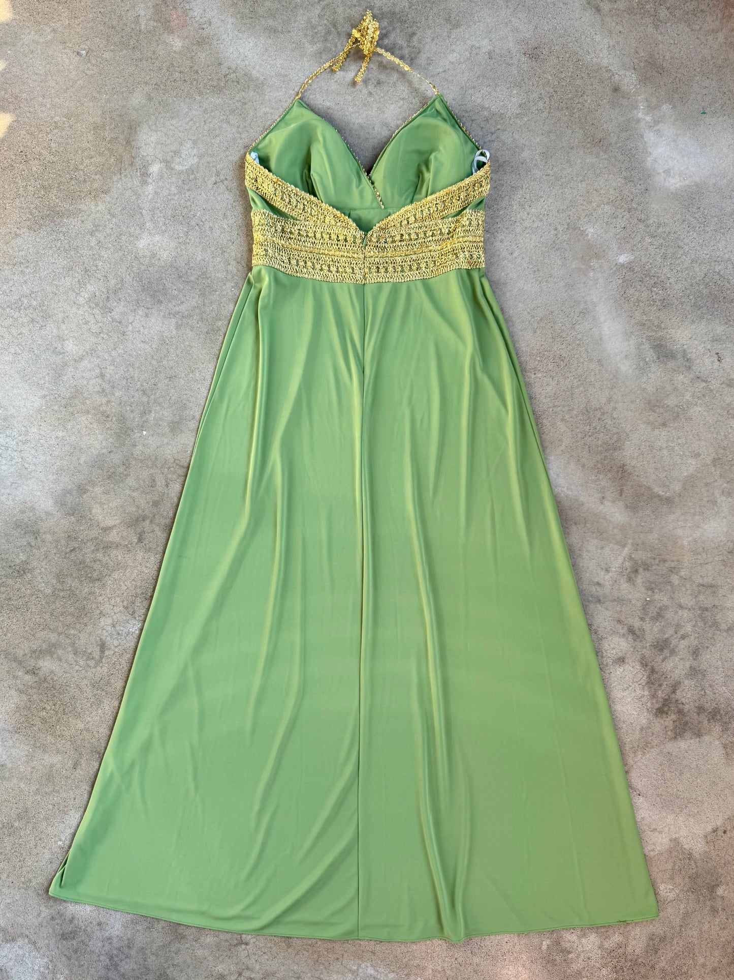 Vintage 1990s Betsy & Adam Green & Gold Trim Formal Full-Length Halter Dress | XL