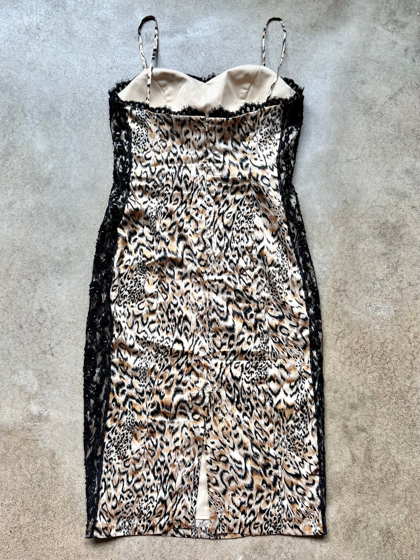 Vintage 1990s Dolce Jovani Leopard Print Satin Beaded Lace Trim Cocktail Dress | Small