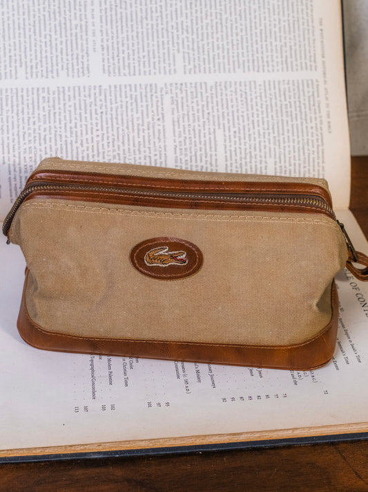 Vintage Lacoste Tan Canvas & Faux Leather Trim Travel Toiletry Bag