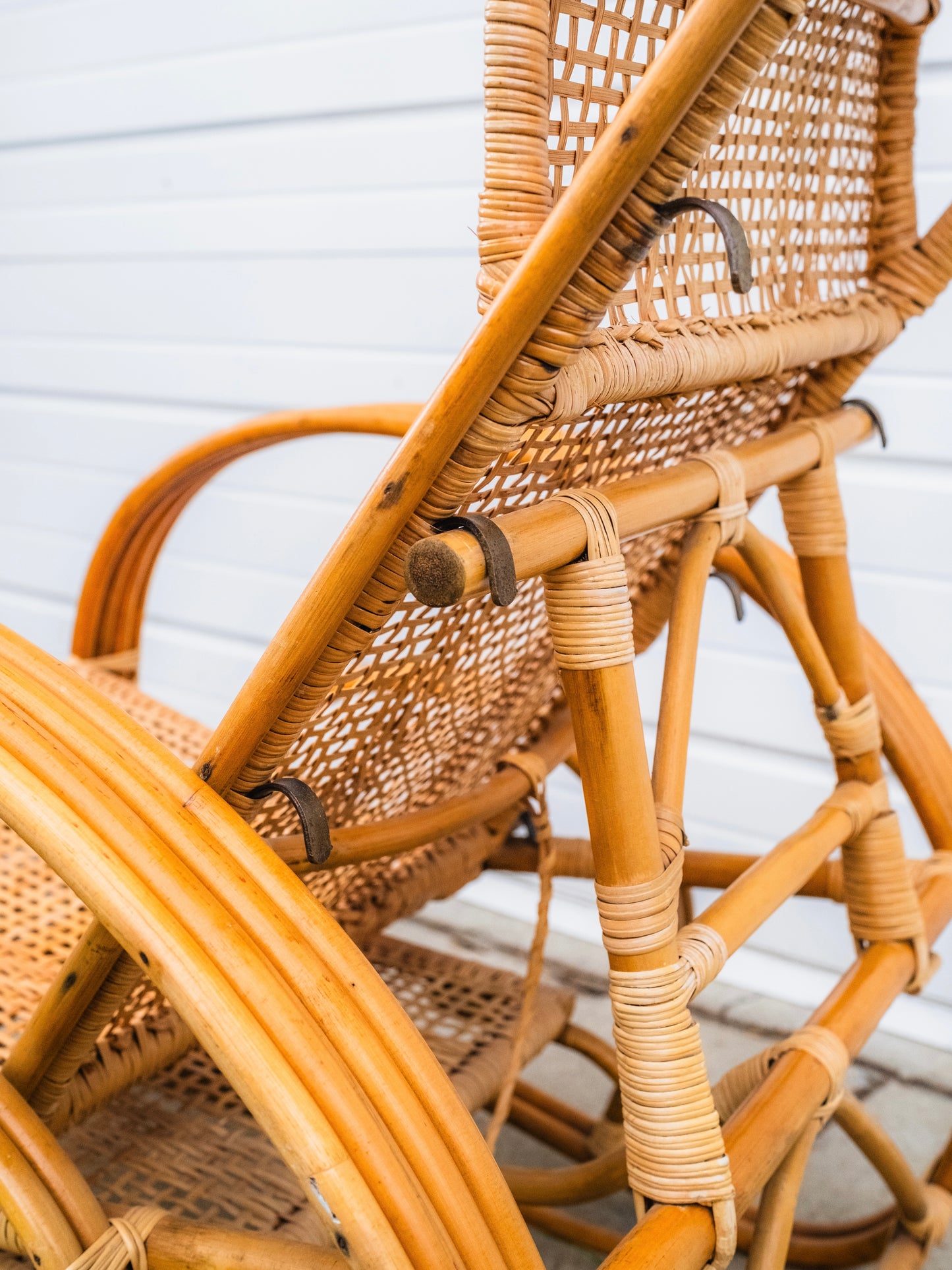 Vintage 1960s Folding Rattan Lounge Chair w/ Ottoman