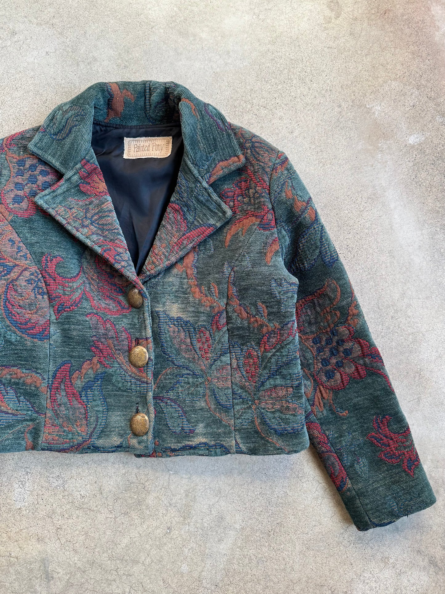 Vintage 1990s Painted Pony Cropped Floral Tapestry Jacket | Small