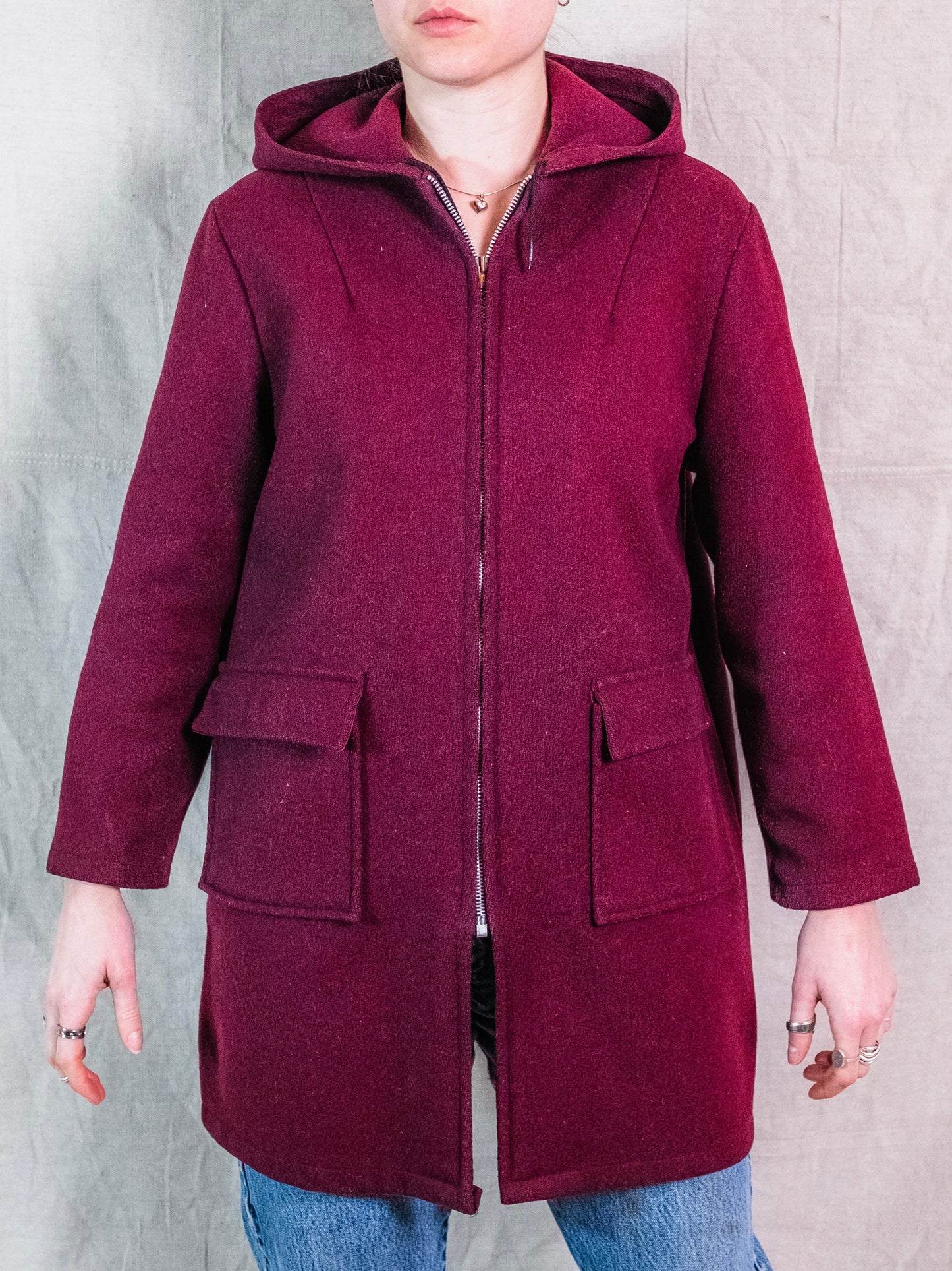 Vintage 1950s Weather Winky 100% Wool Burgundy Hooded Zip-Up Jacket | XS/S