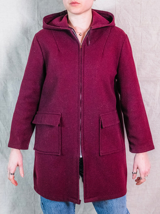 Vintage 1950s Weather Winky 100% Wool Burgundy Hooded Zip-Up Jacket | XS/S