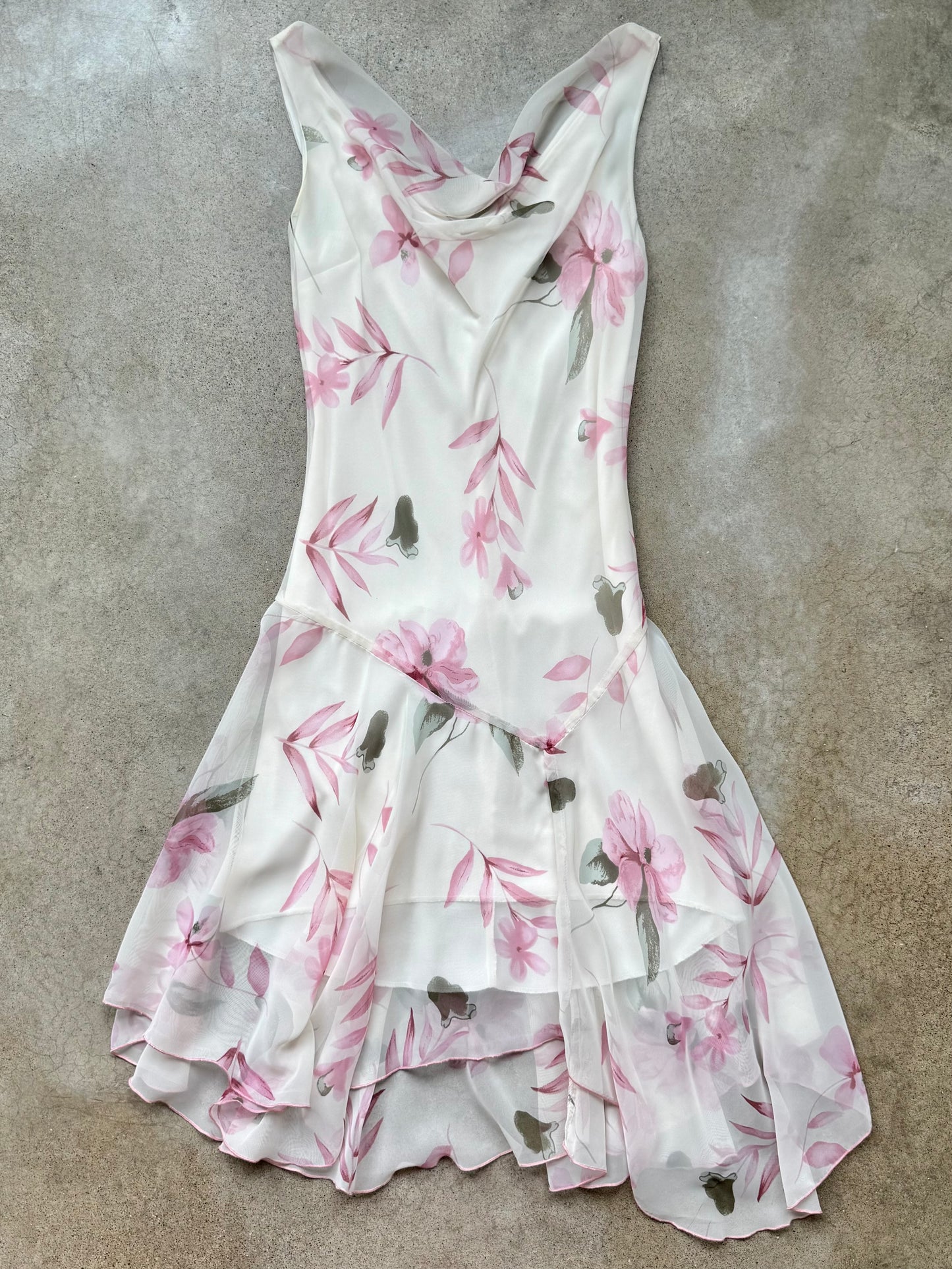 Vintage Y2K White & Pink Floral Print Chiffon Cowl Neck Sleeveless Dress | XS