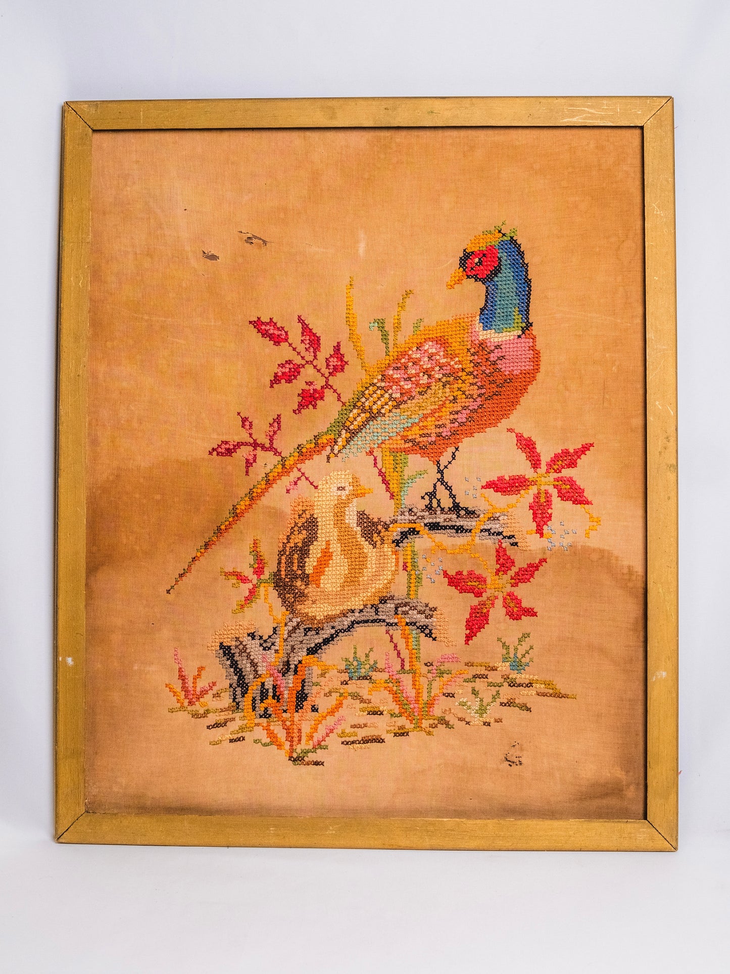 Antique Early 1900s Framed Pair of Pheasants Cross-Stitch Embroidered Wall Art