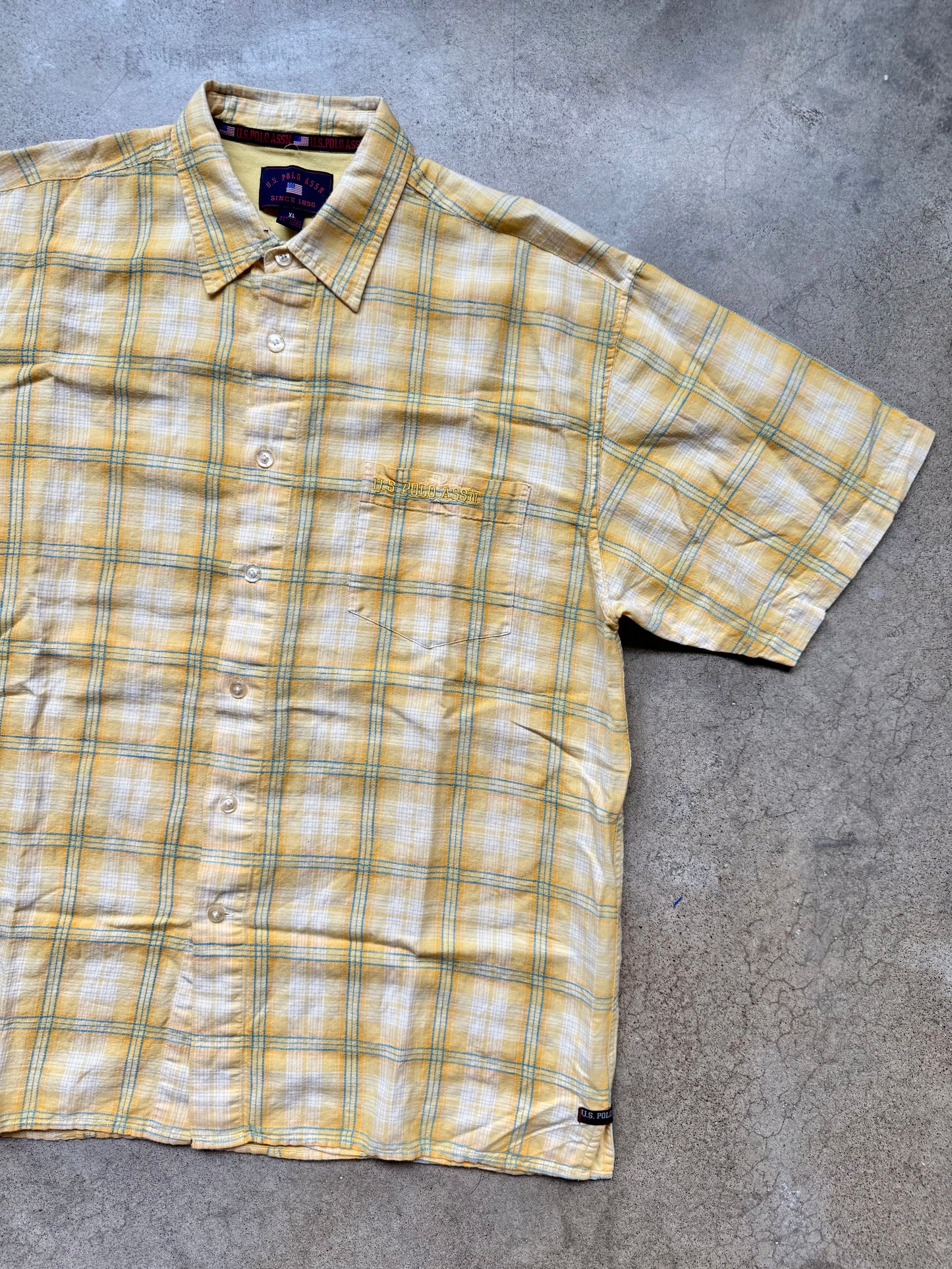 2000s U.S. Polo Assn. Yellow Plaid Linen-Blend Short Sleeve Shirt | XL