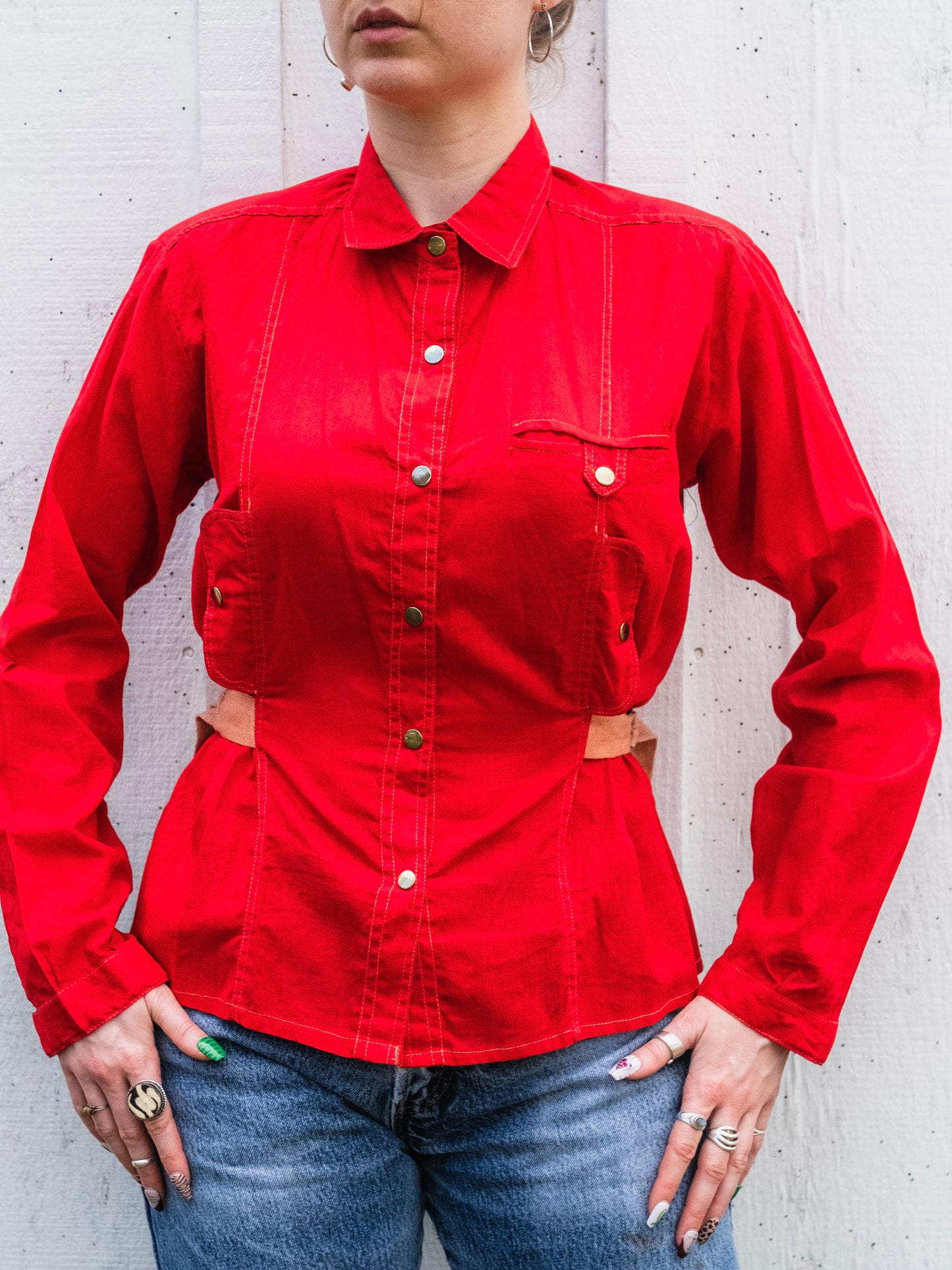 Vintage 1970s Mahudi Miami Red Cinch Waist Belt Cotton Shirt | Large