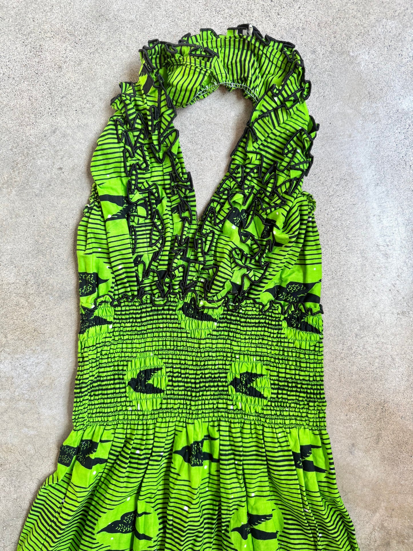 Vintage 1980s Handmade Green & Black Bird Pattern Halter Dress | Small
