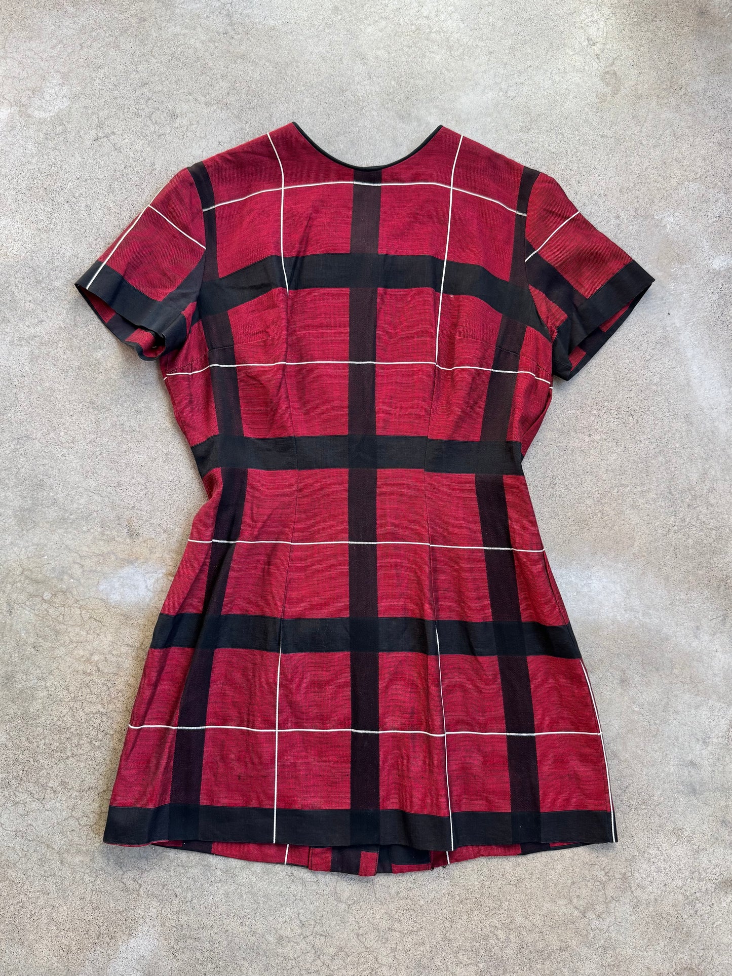 Vintage 1950s Stacey Ames Red Plaid Short Sleeve Mini Dress | S/M