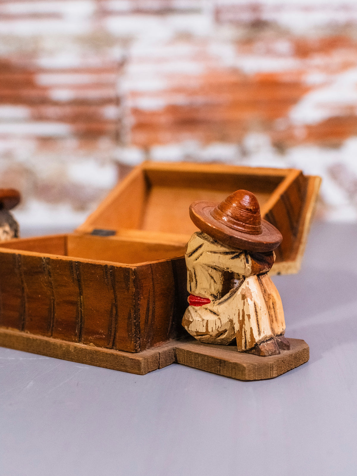 Vintage 1960s Wood Carved House & Sleeping Couple Trinket Box