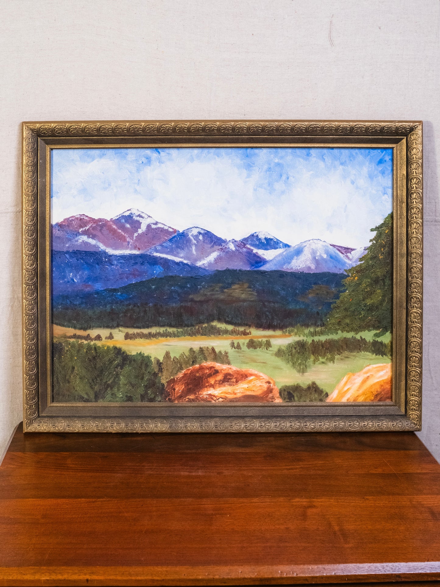 Vintage Framed Mountain Landscape Oil on Board Painting
