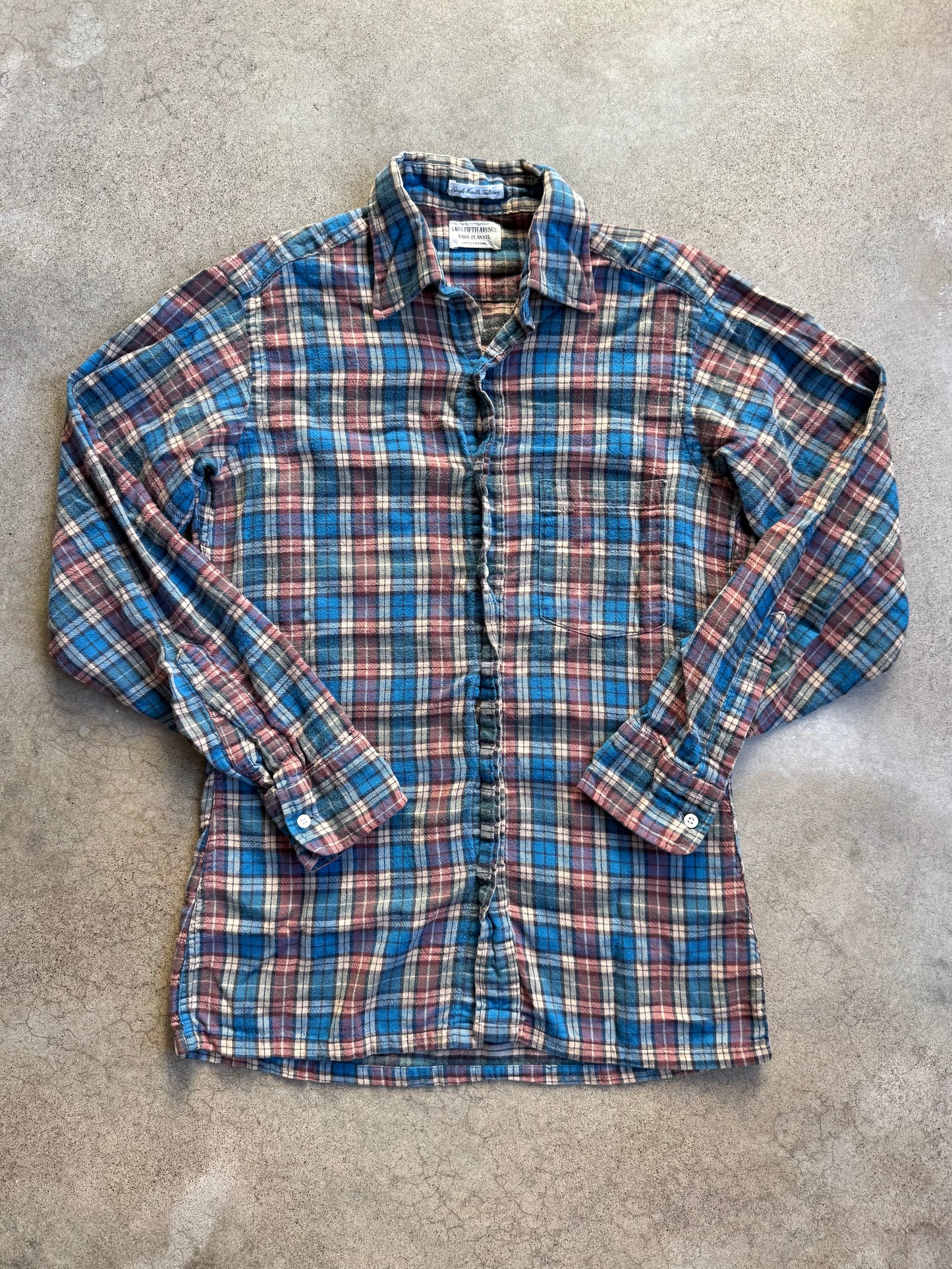 Vintage 1960s Saks Fifth Ave "Saks Flannel" Blue Plaid Cotton Flannel | Small