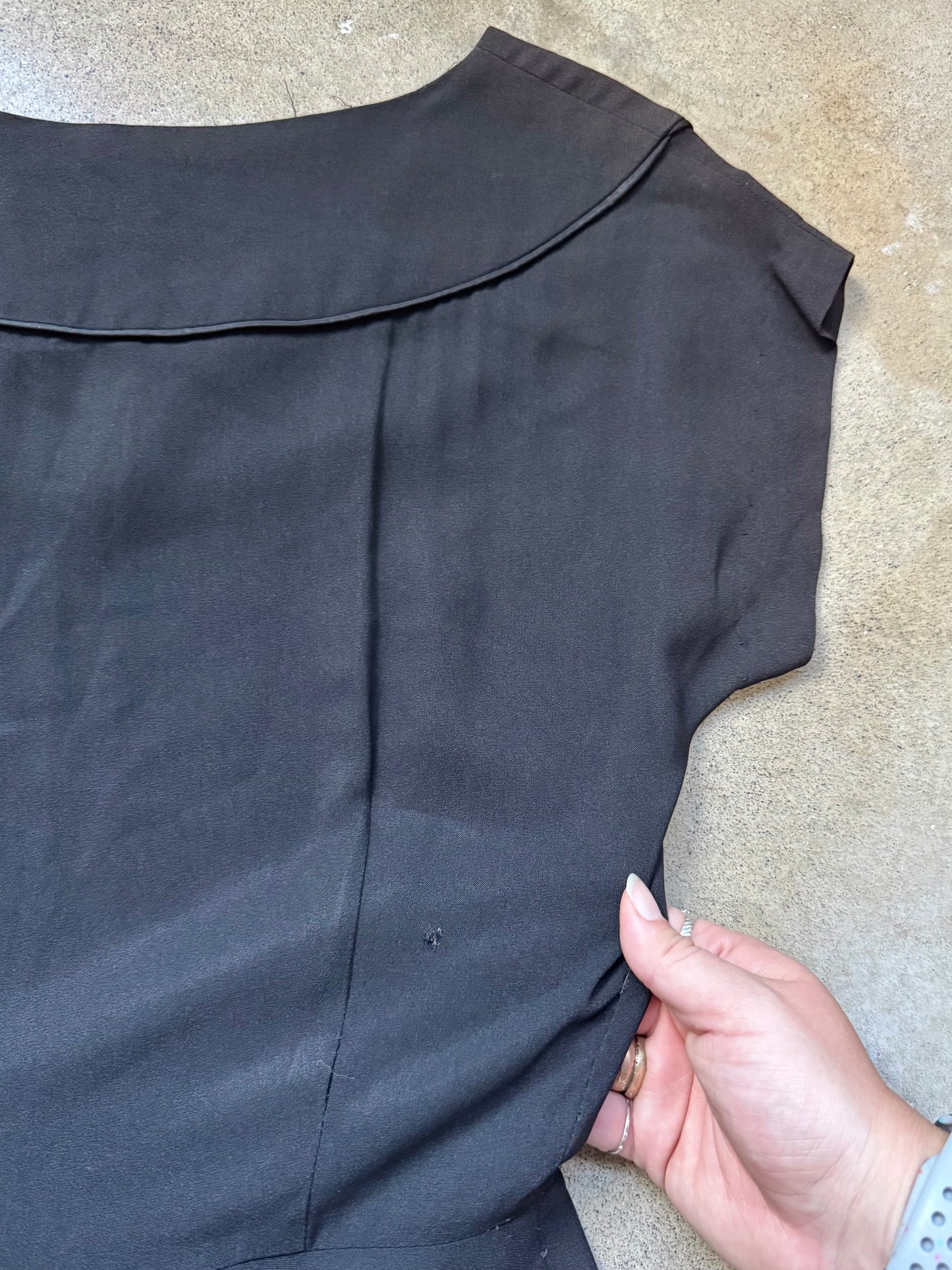Vintage 1950s Black Piped Floral Appliqué Cap Sleeve Swing Dress | XS/S