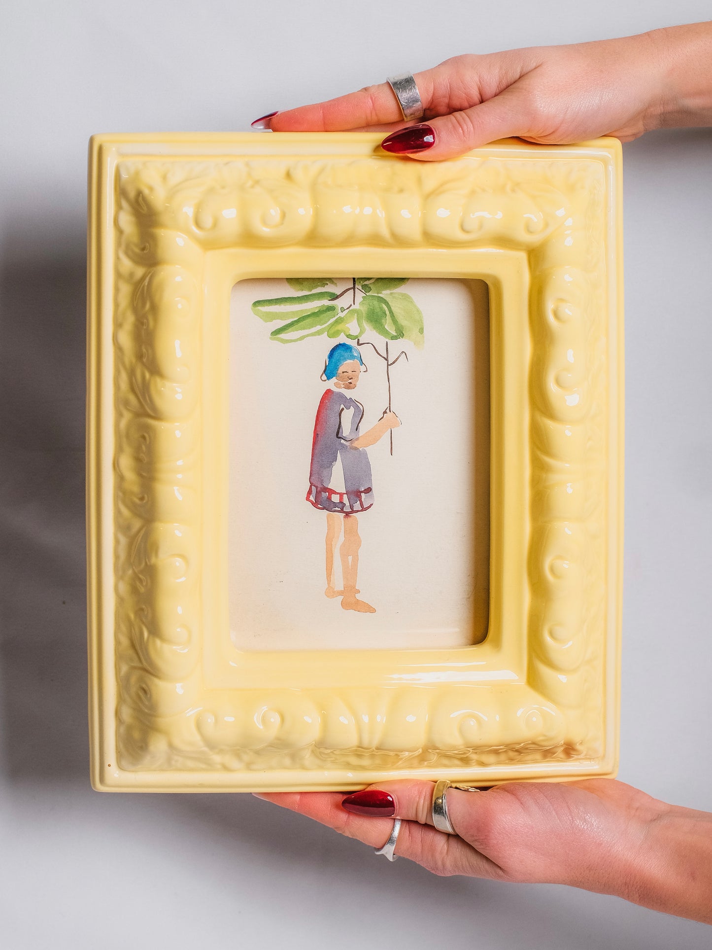 Vintage 1950s Ceramic Framed "Man Holding Branch" Original Watercolor Artwork