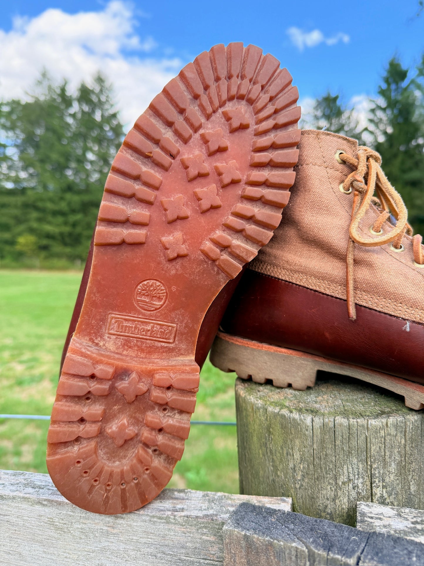 Vintage 1990s Timberland Two-Tone Brown Leather & Canvas Boots | Men’s 11.5