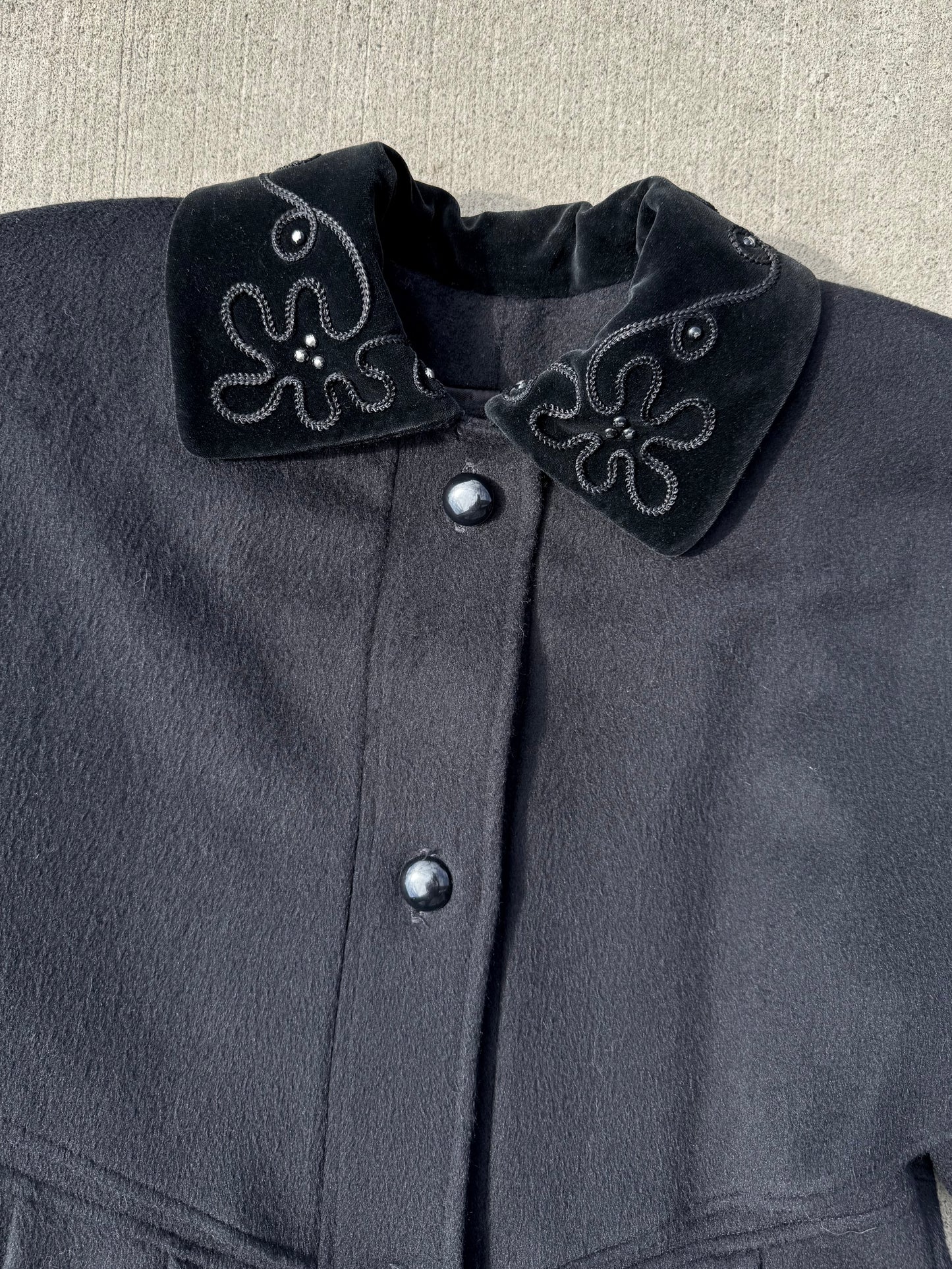 Vintage 1980s Forstmann Black Wool Edwardian-Style Overcoat | Medium