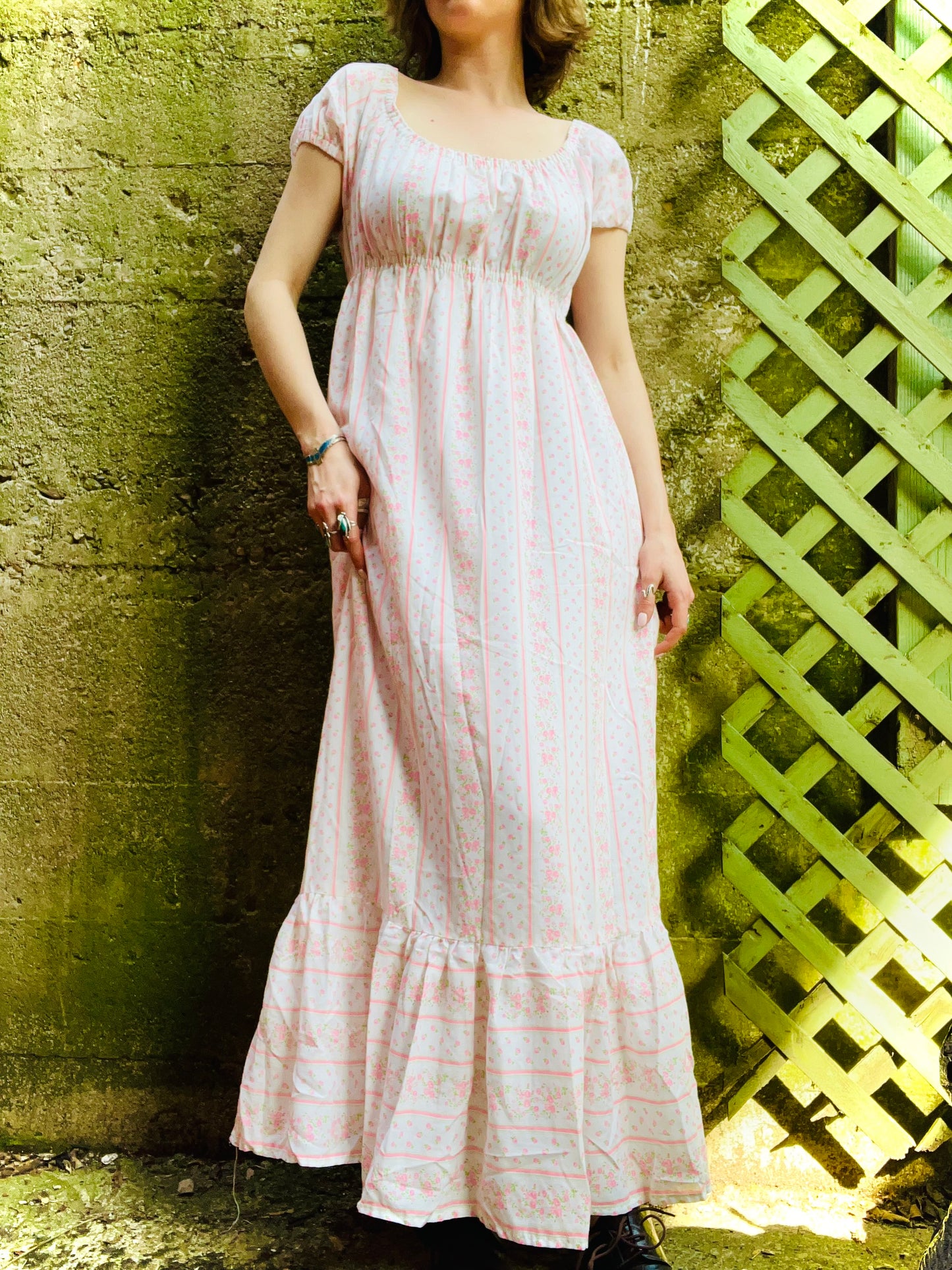 Vintage 1970s Handmade Pink & White Ditsy Floral Maxi Dress