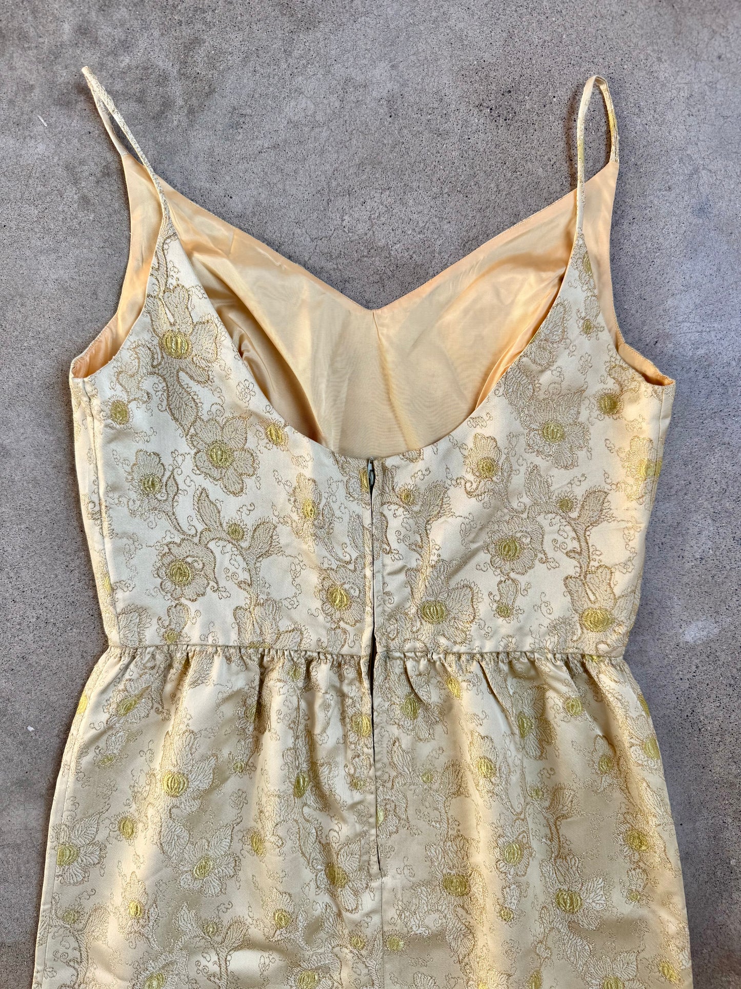 Vintage 1960s Gold Metallic Floral Jacquard Formal Dress | Medium