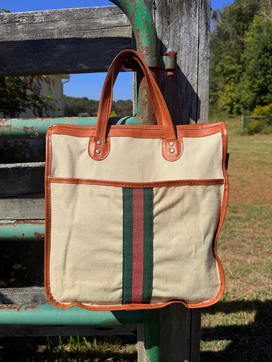 Vintage 1970s Gucci-Style Striped Canvas Top Handle Bag