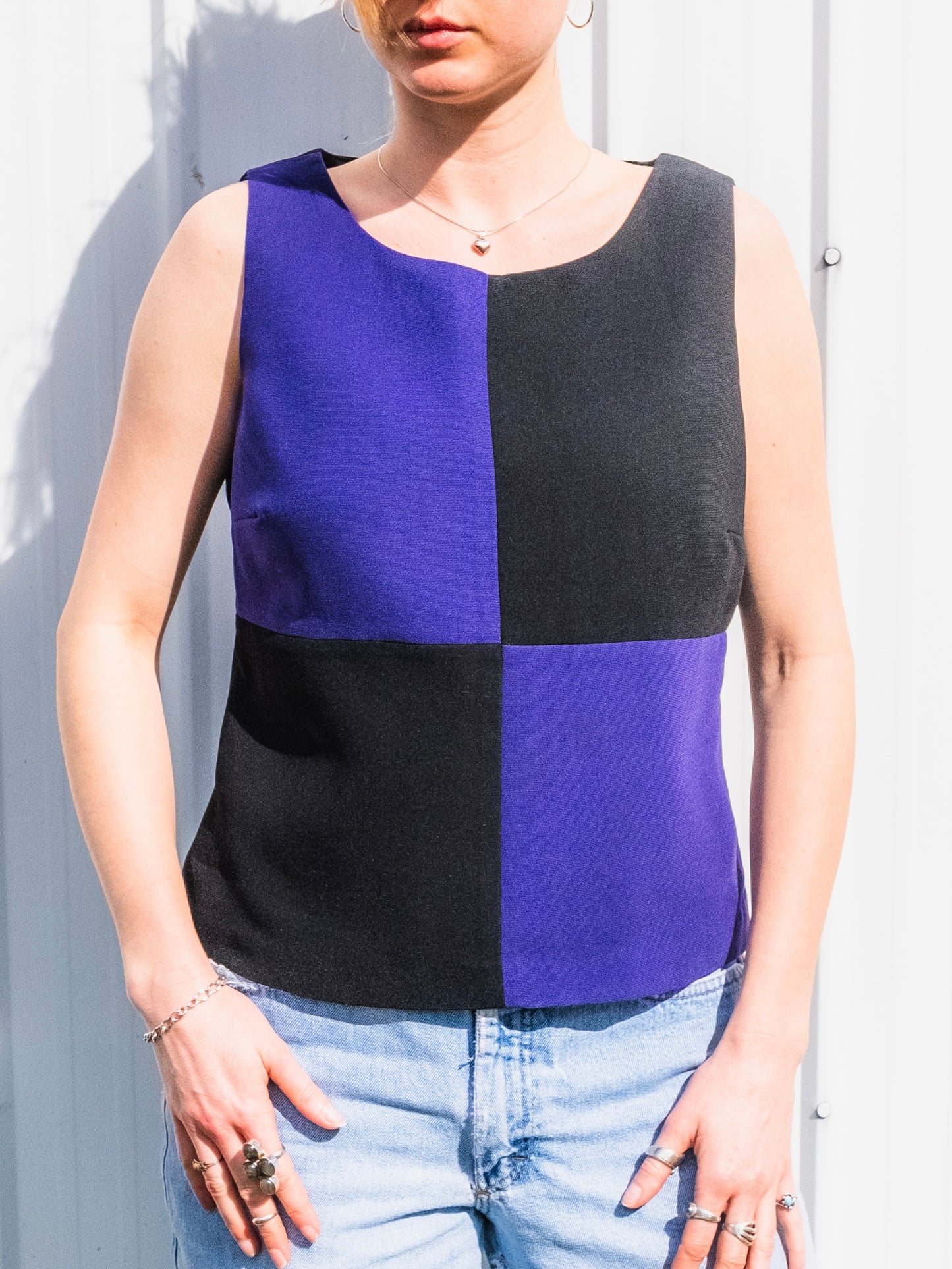 Vintage 1990s Mary McFadden Black & Purple Color Block Tank Top | Medium