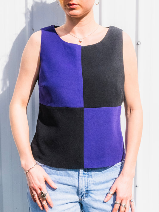 Vintage 1990s Mary McFadden Black & Purple Color Block Tank Top | Medium