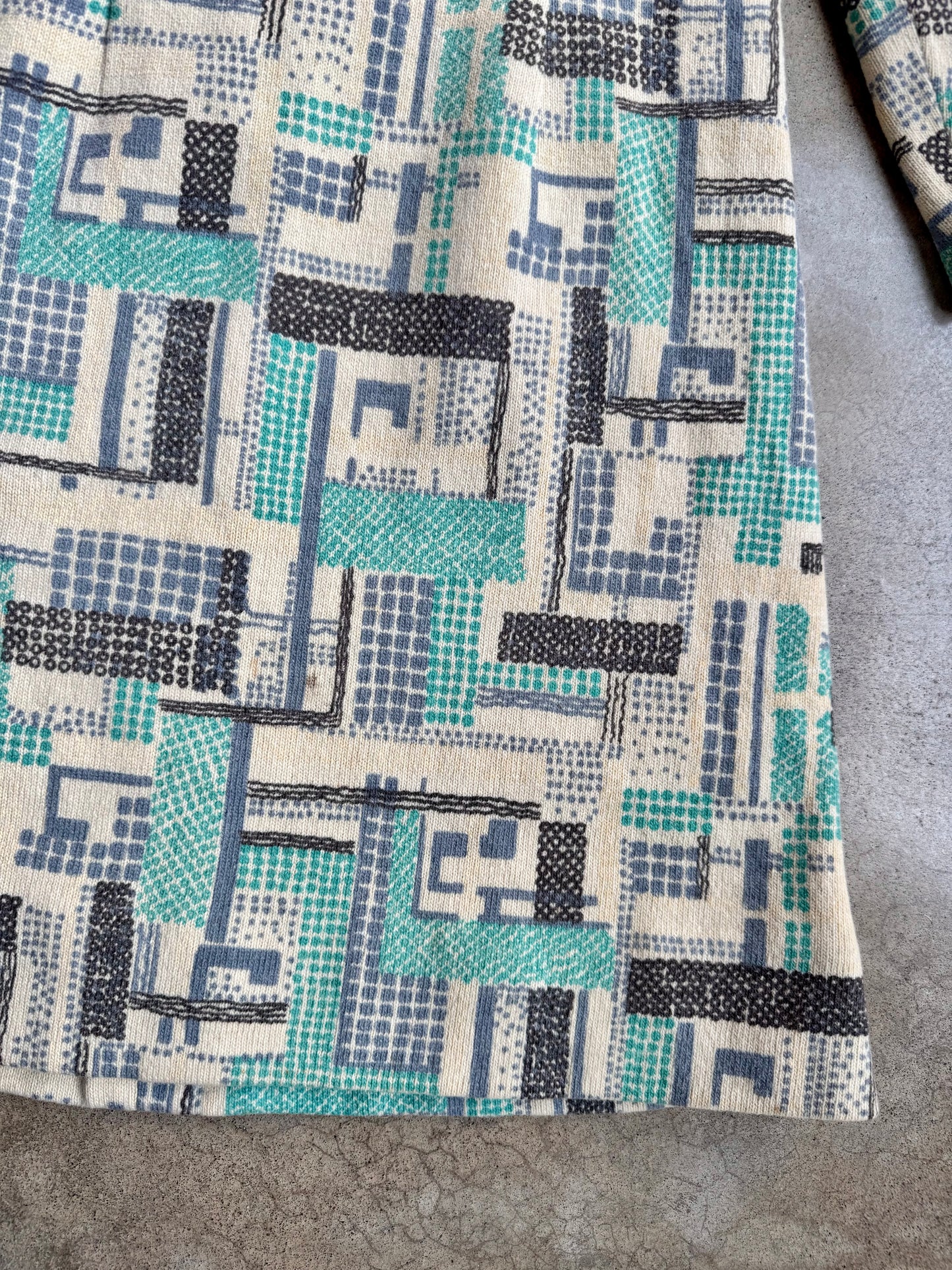 Vintage 1960s Mod Geometric Pattern High-Neck Long Sleeve Wool Dress | Medium