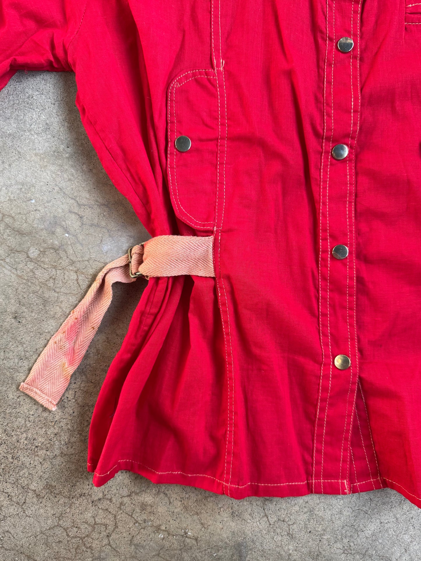 Vintage 1970s Mahudi Miami Red Cinch Waist Belt Cotton Shirt | Large