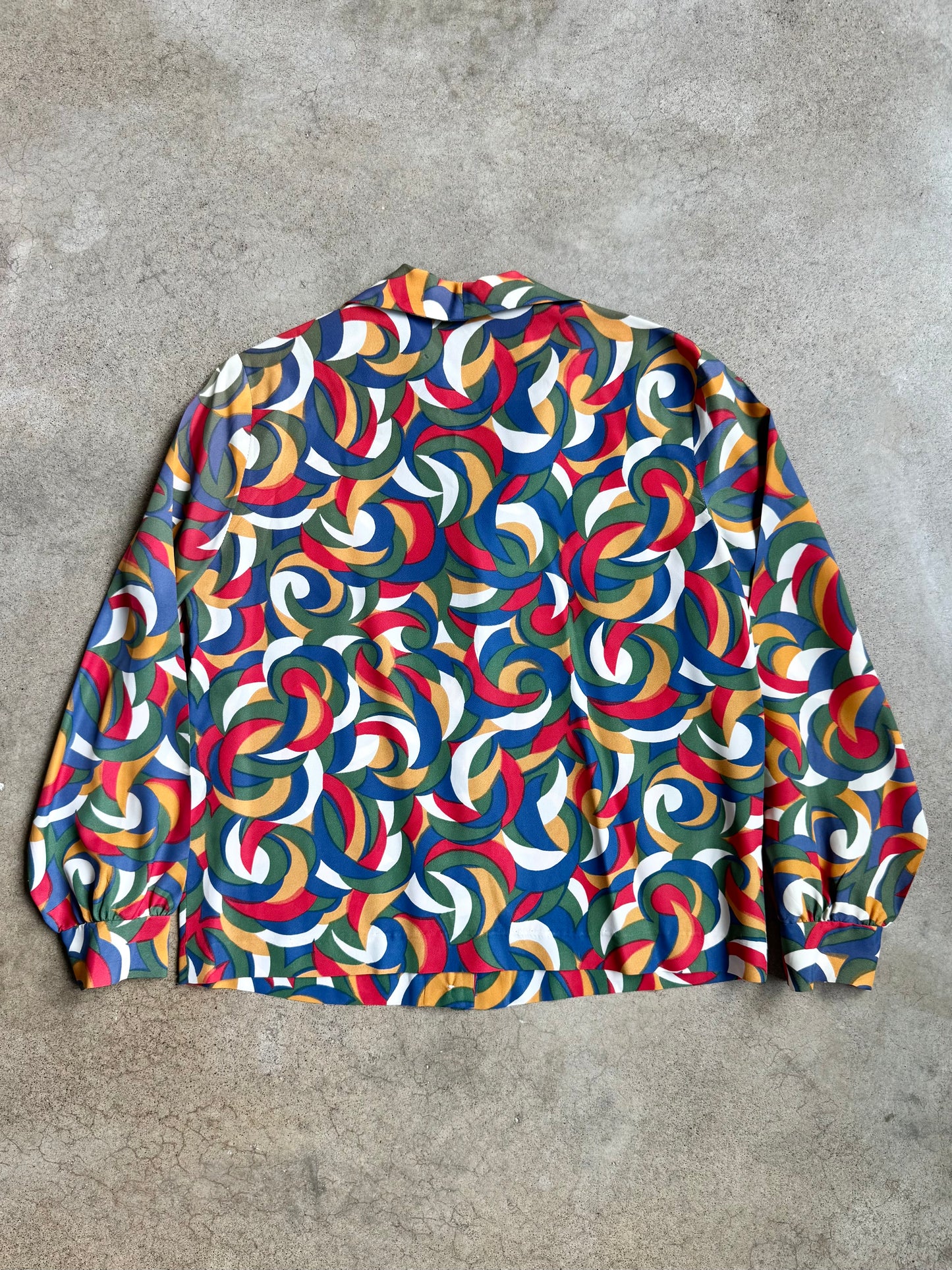 Vintage 1970s Multi-Color Abstract Swirl Printed Blouse | M/L