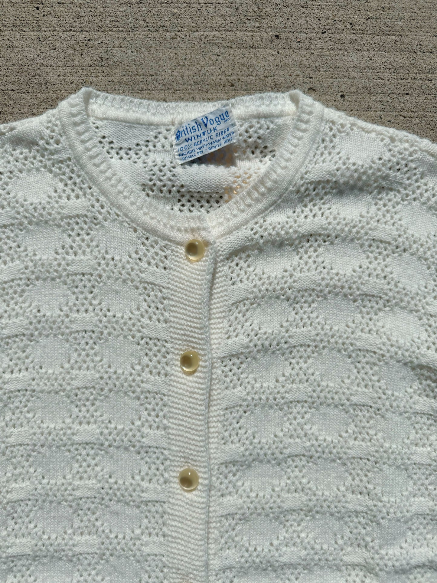 Vintage 1960s British Vogue Wintuk White Acrylic Knit Cardigan | Medium