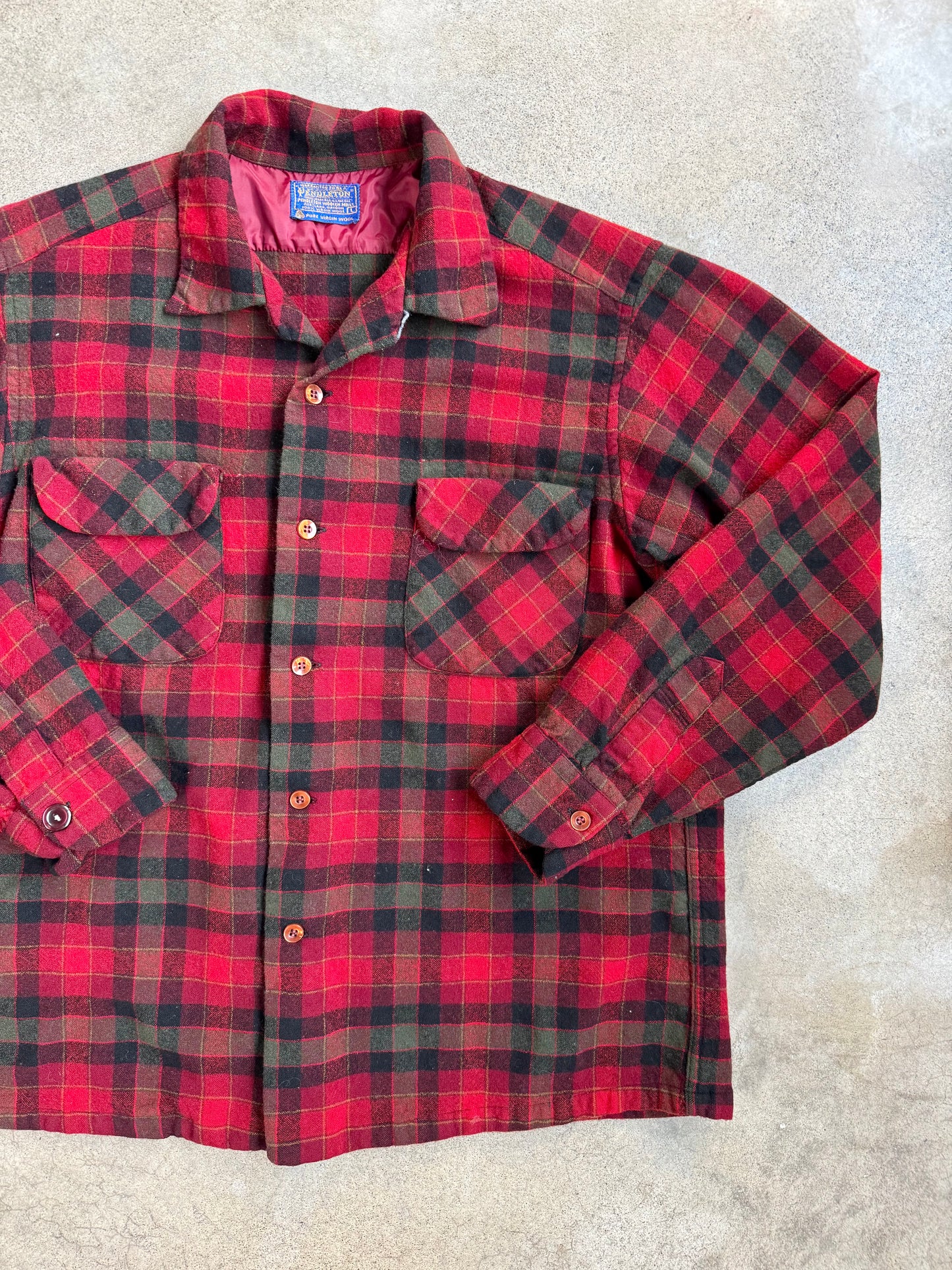 Vintage 1960s Pendleton Red & Green Plaid Wool Flannel Shirt | Large