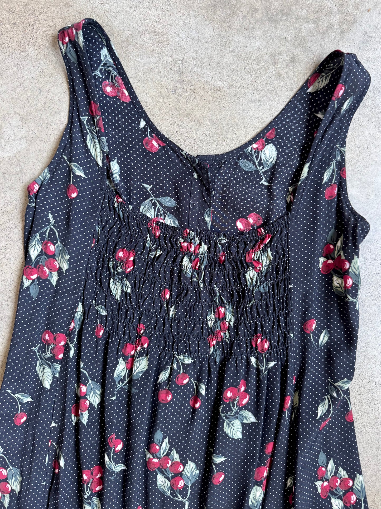 Vintage 1990s Express Cherry Polka Dot Button-Front Maxi Dress | Large