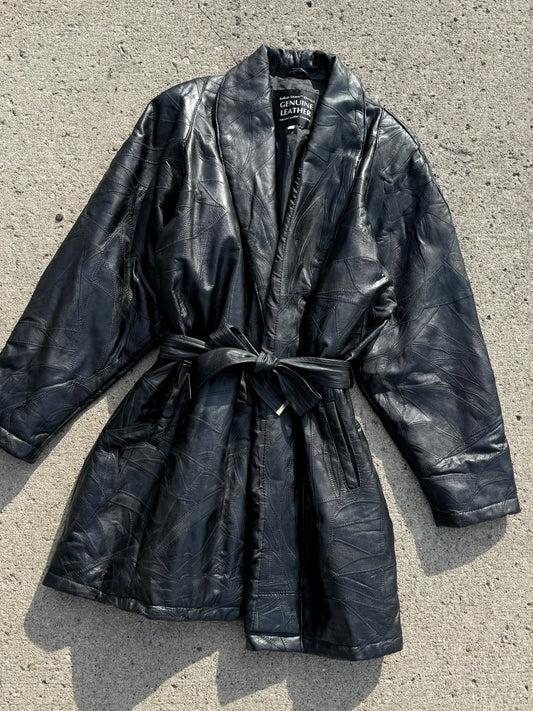 Vintage 1980s Navarre Italian Stone Design Black Leather Belted Coat | 3XL