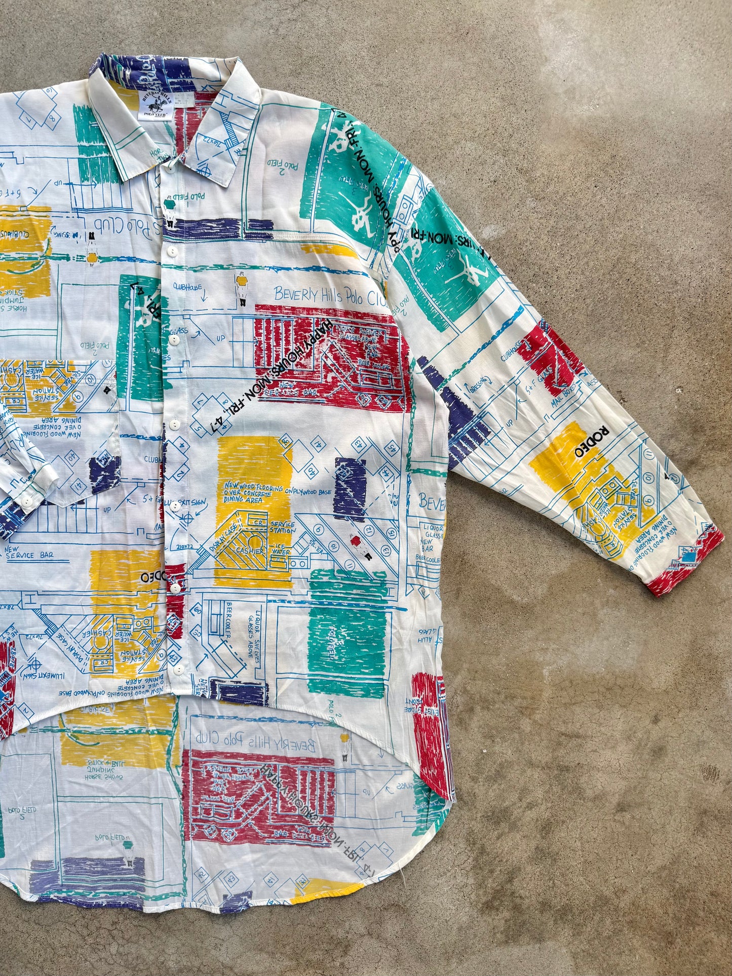 Vintage 1980s Beverly Hills Polo Club Retro Blueprint Collared Shirt | Medium
