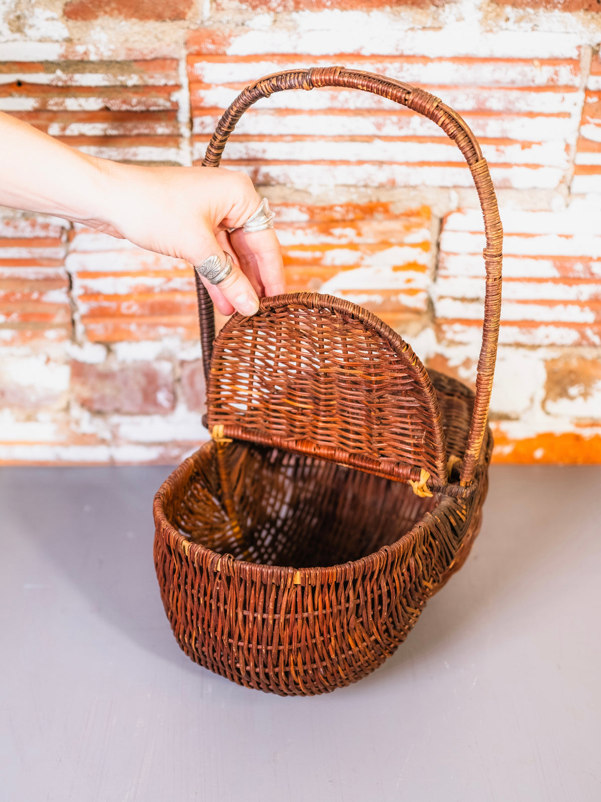 Antique Double-Lidded Wicker Basket w/ Handle