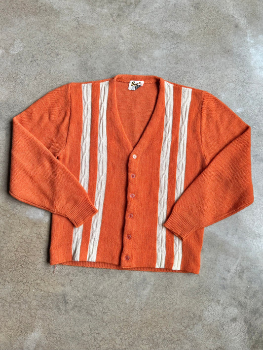 Vintage 1960s Barclay Orange Striped Zefkrome Acrylic Knit Cardigan | Medium