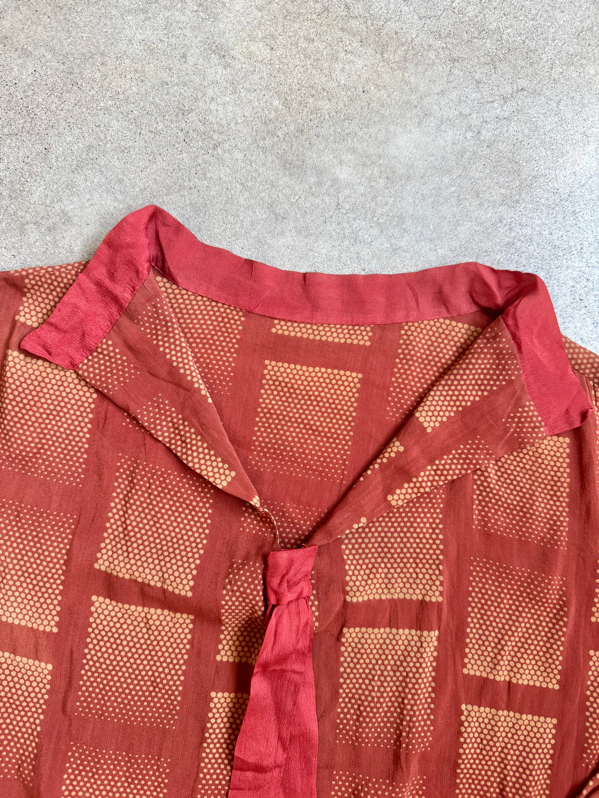 Antique 1930’s Burnt Orange Geometric Dotted Silk Neck Tie Blouse | Medium