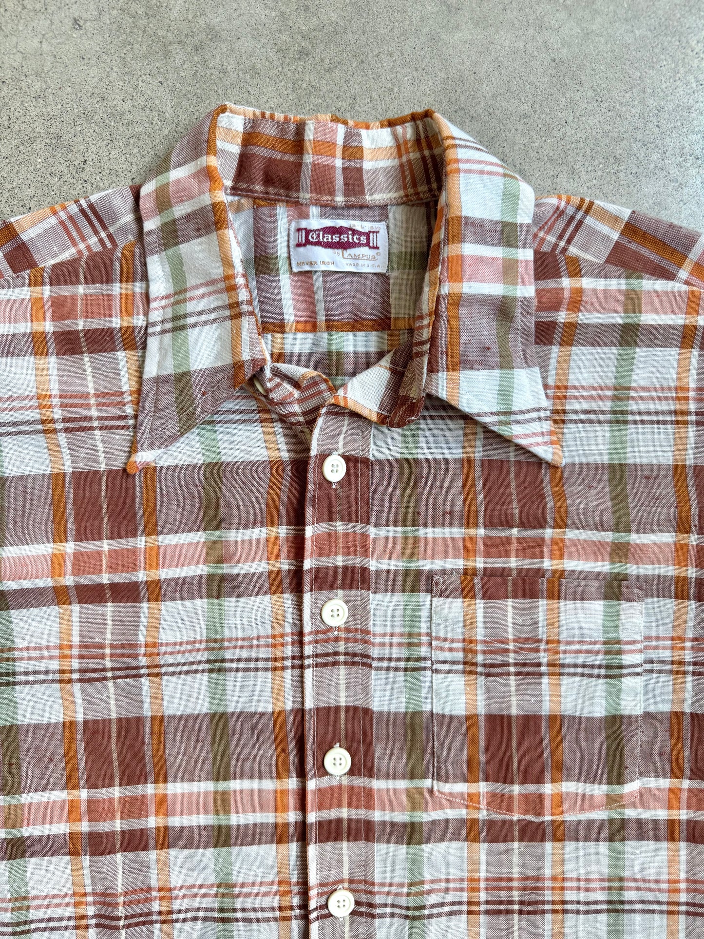 Vintage 1960s Classics By Campus Brown Plaid Short Sleeve Shirt | Large