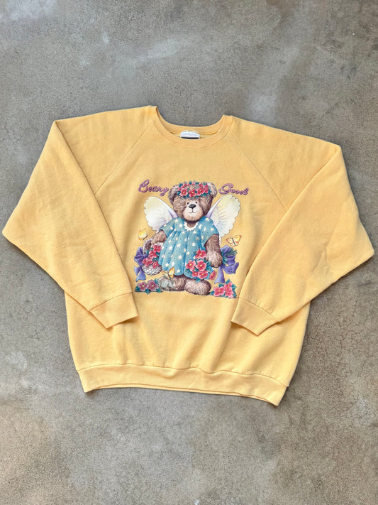 Vintage 1990s Yellow “Beary Good” Teddy Bear Angel Graphic Raglan Sweatshirt | XL