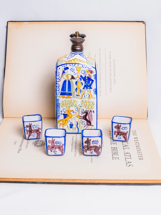 Vintage 1950s Italian Hand-Painted Ceramic Decanter + Shot Glass Set