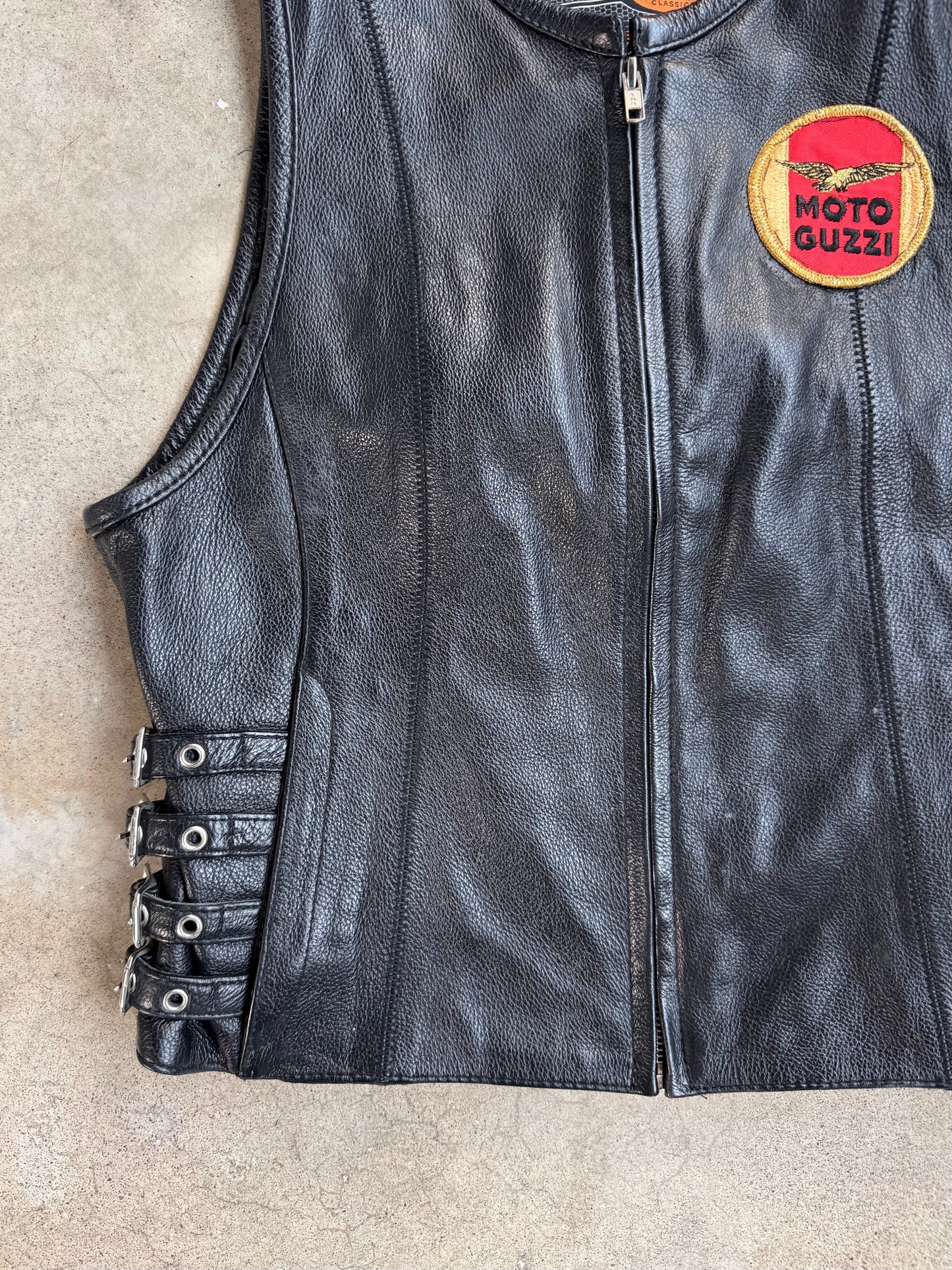 Vintage 1990s Moto Guzzi Patch Black Leather Zip-Up Biker Vest | Medium